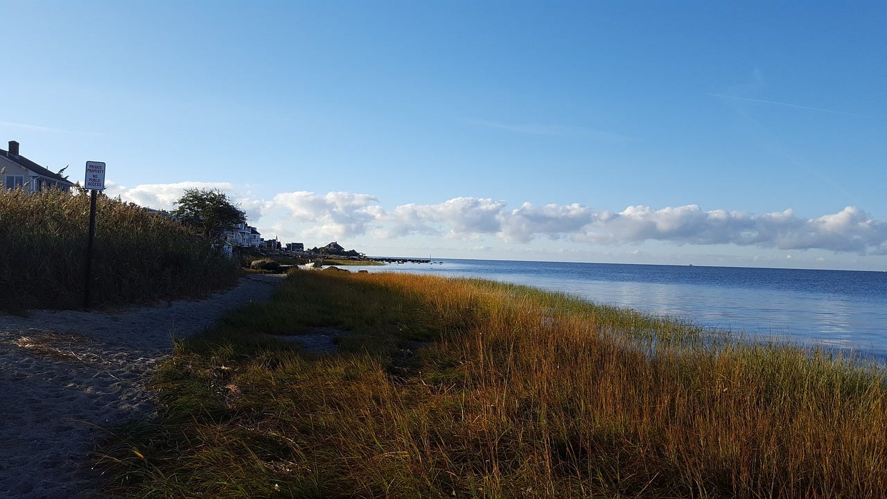 A photo from Clinton Harbor Beach, showing a sandy walking path with sea grasses on both sides. The water extends to the right and a row of houses to the left behind the grasses. The sky is blue with some low clouds. A photo from Clinton Harbor Beach, showing a sandy walking path with sea grasses on both sides. The water extends to the right and a row of houses to the left behind the grasses. The sky is blue with some low clouds.