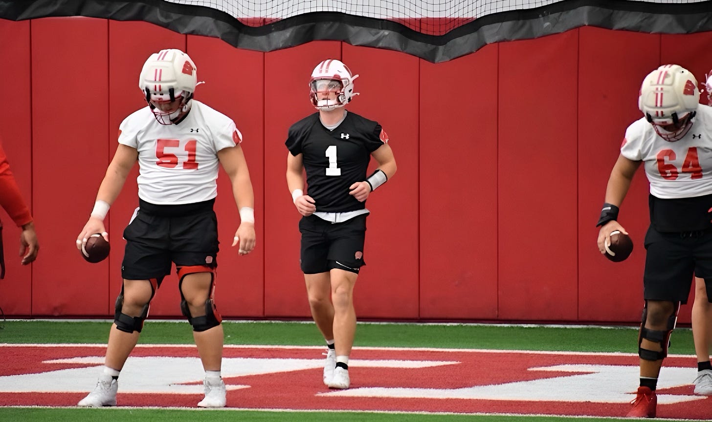 Wisconsin Badgers quarterback Colton Joseph and center Austin Kawecki warm up during spring practice inside the McClain Center Wisconsin Badgers quarterback Colton Joseph and center Austin Kawecki warm up during spring practice inside the McClain Center