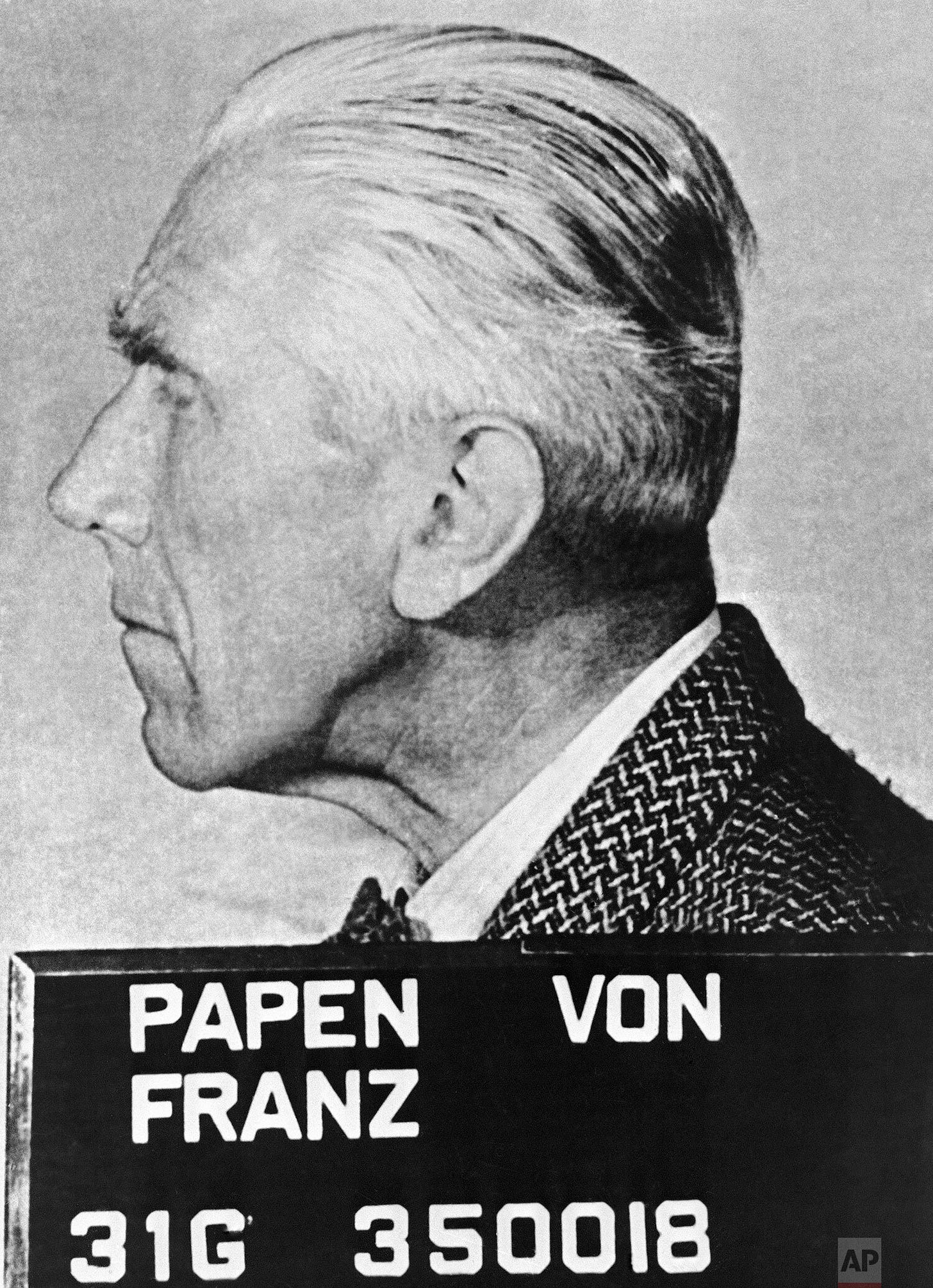 Official portrait of Franz Von Papen, Hitler's political intriguer and last Nazi Ambassador to Turkey, captured November 2, 1945. He stood among the high-ranking Nazi leaders indicted for war crimes at Nuremberg. Official portrait of Franz Von Papen, Hitler's political intriguer and last Nazi Ambassador to Turkey, captured November 2, 1945. He stood among the high-ranking Nazi leaders indicted for war crimes at Nuremberg.
