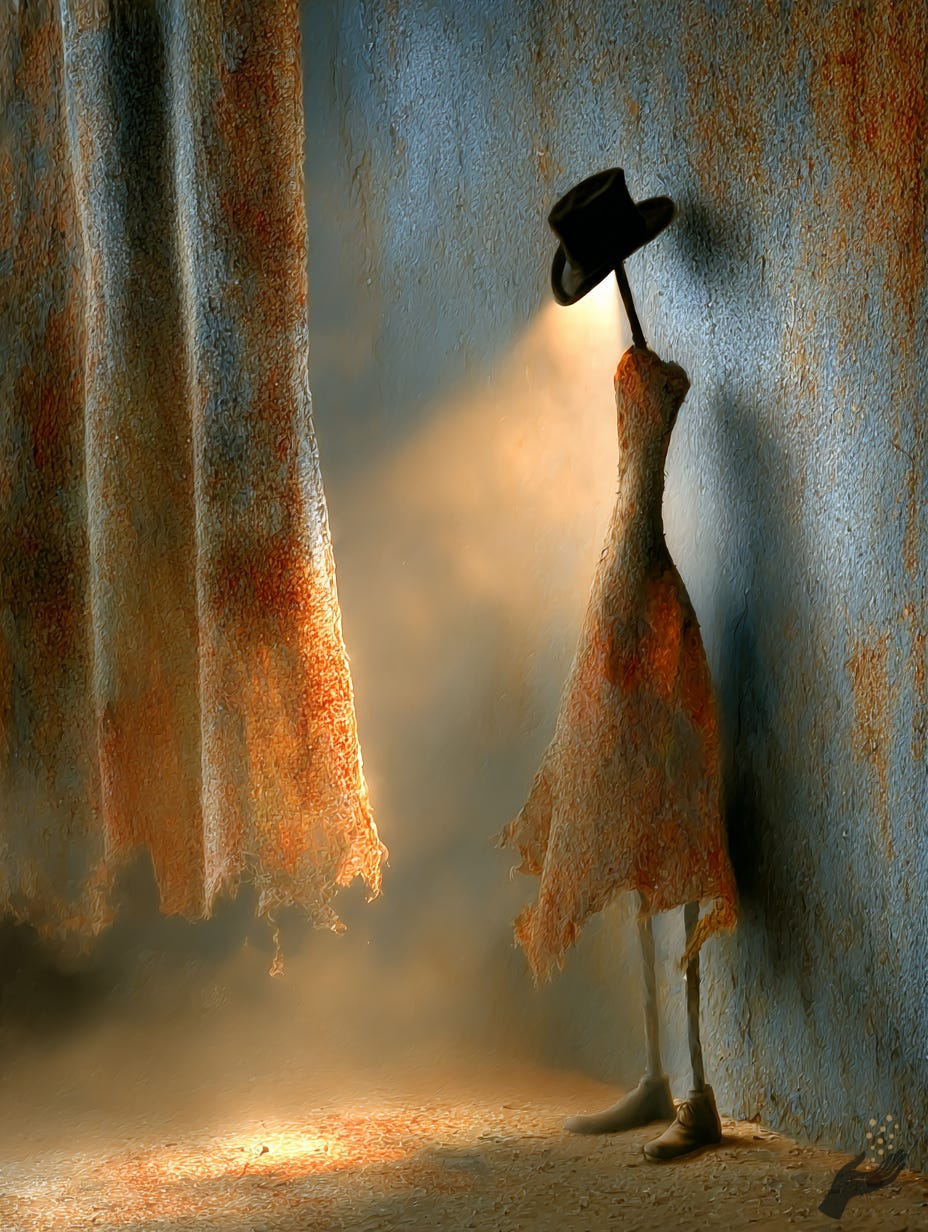 Painterly surreal image of a woman in a red dress and dark hat standing beside a textured wall in warm light.