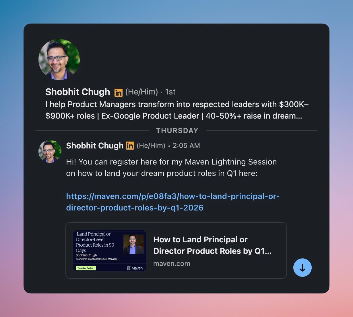 LinkedIn DM with the link for the session