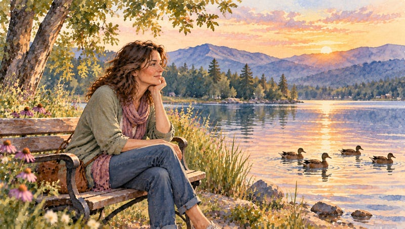 A thoughtful woman sitting on a lakeside bench at sunset as ducks swim across the water and with mountains in the distance.