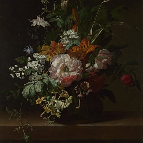 My wedding bouquet 2024 and Rachel Ruysch, 'Flowers in a Vase', about 1685