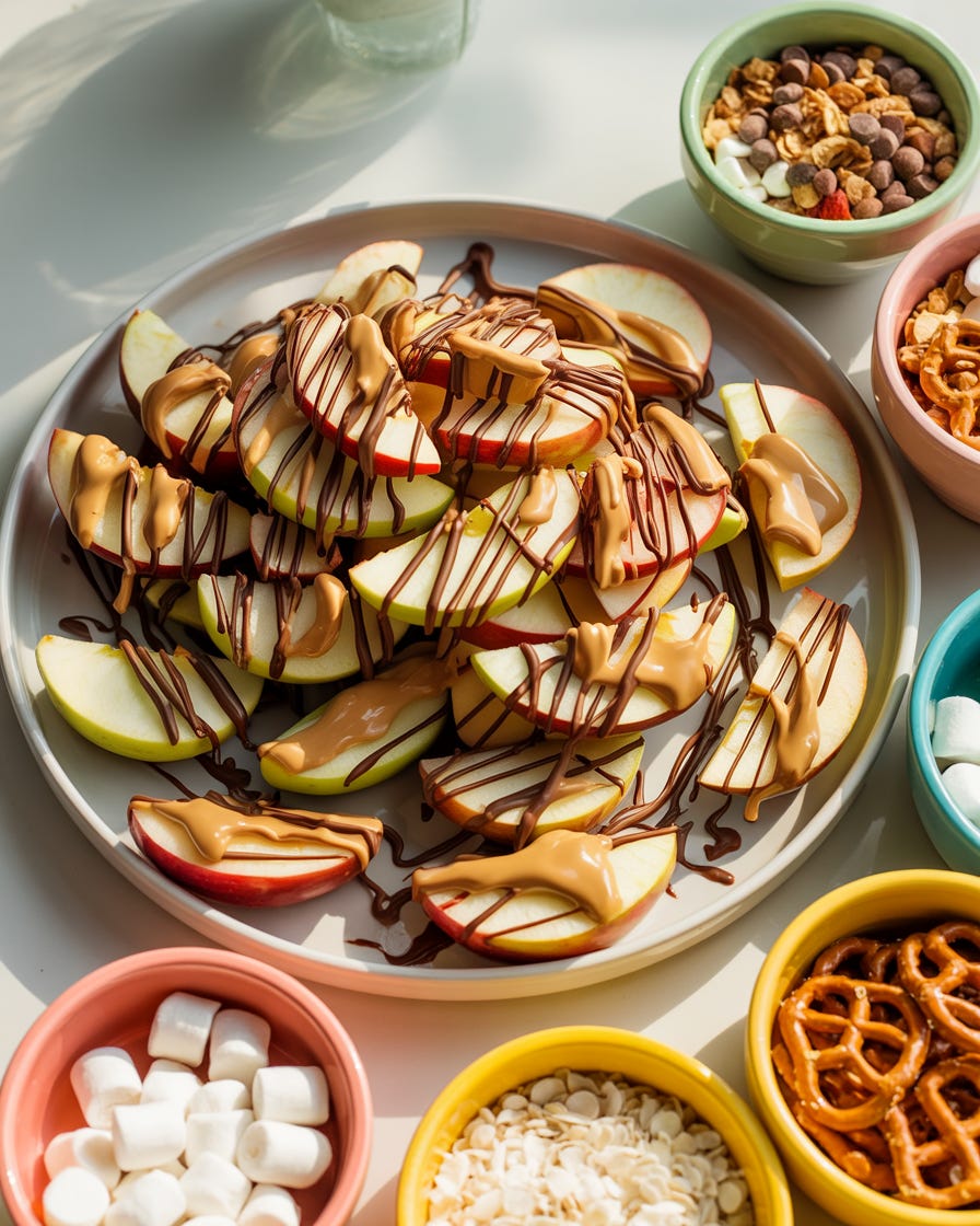 sliced apples with caramel and chocolate drizzle with bowls of toppings for apple nachos