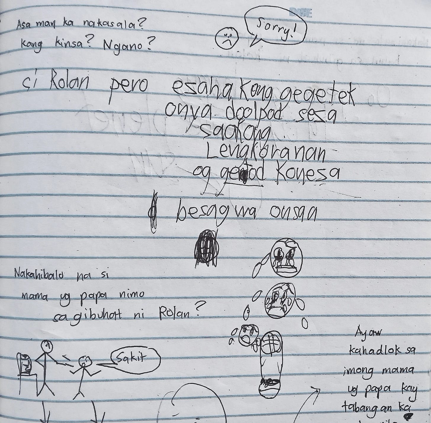 A page from a lined notebook with handwritten text in Cebuano and simple stick figure doodles with speech bubbles.
