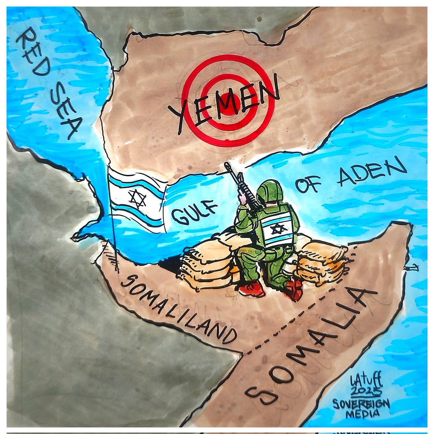 The Invisible Front: While the world watches recognition, satellites reveal Israel building its next military hub in Somaliland. Target? Yemen. Credit: Carlos Latuff.