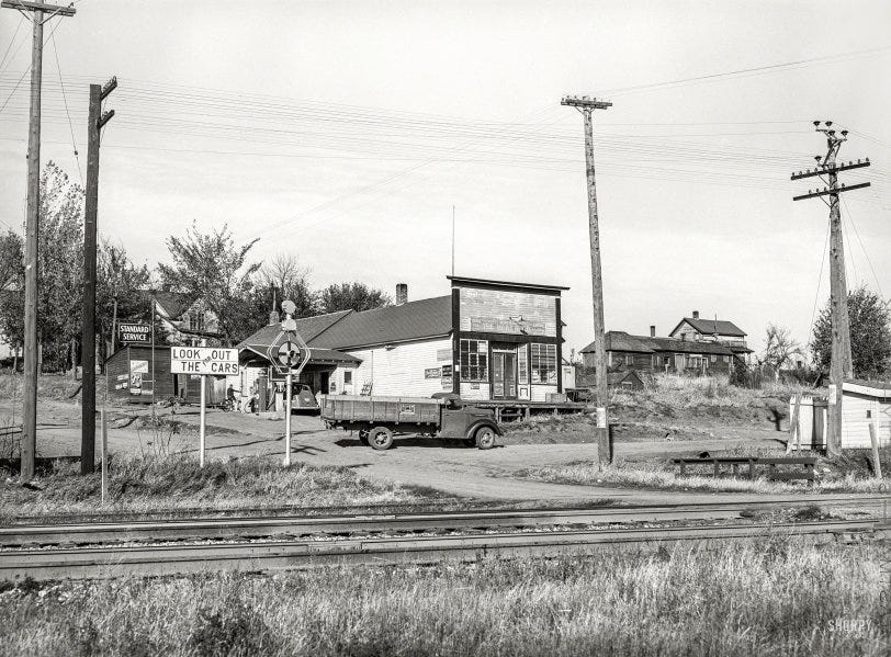 October 1939. "Lamoille, Iowa. A village consisting of a few houses, general store, and railroad station." Medium format acetate negative by Arthur Rothstein for the Farm Security Administration. View full size.
