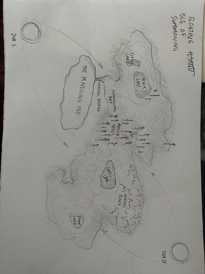 a selection of images taken from a workshop- sketches on brightly coloured paper, a hand drawn map, a cross section of a planet with crystals inbedded in the earth, and a pile of sugar, used to form the basis of an island shape.