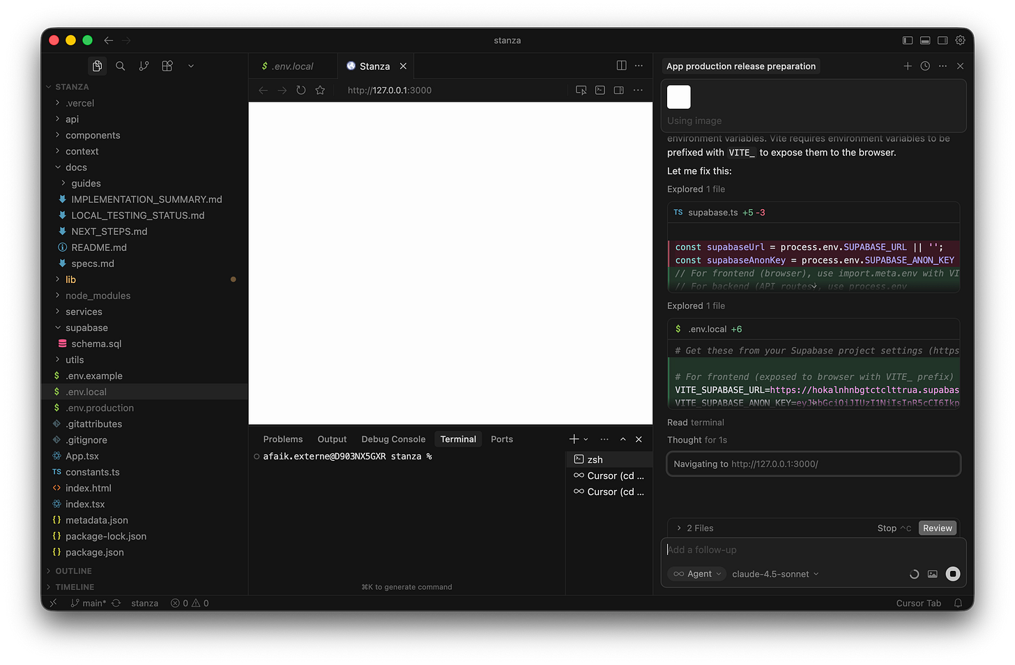 The Cursor chat panel shows code modifications adding the VITE prefix to the database keys in the local file. The Cursor chat panel shows code modifications adding the VITE prefix to the database keys in the local file.
