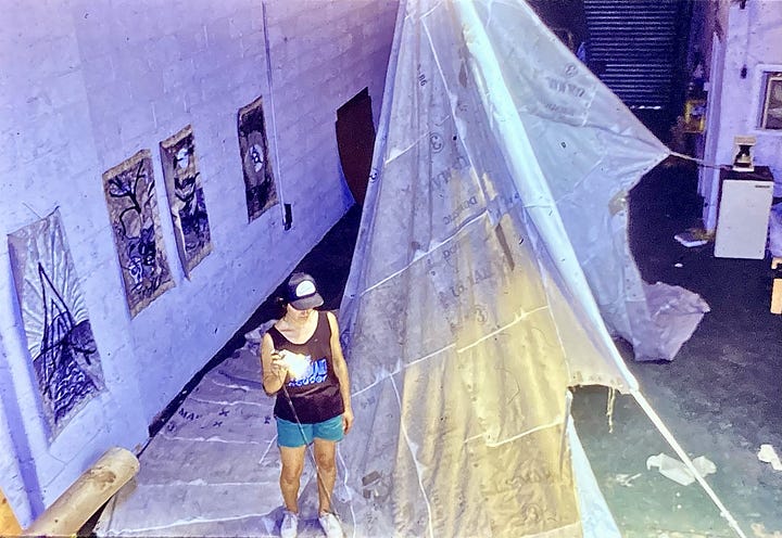 2 photos of Gabriele sewing and inspecting the tipi