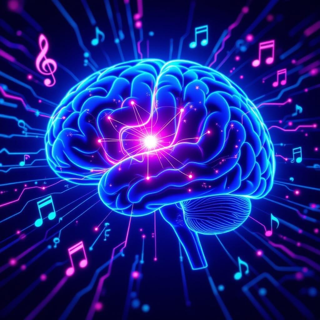 A cross-section view of a human brain rendered in neon blues and purples, with the default mode network regions glowing ...