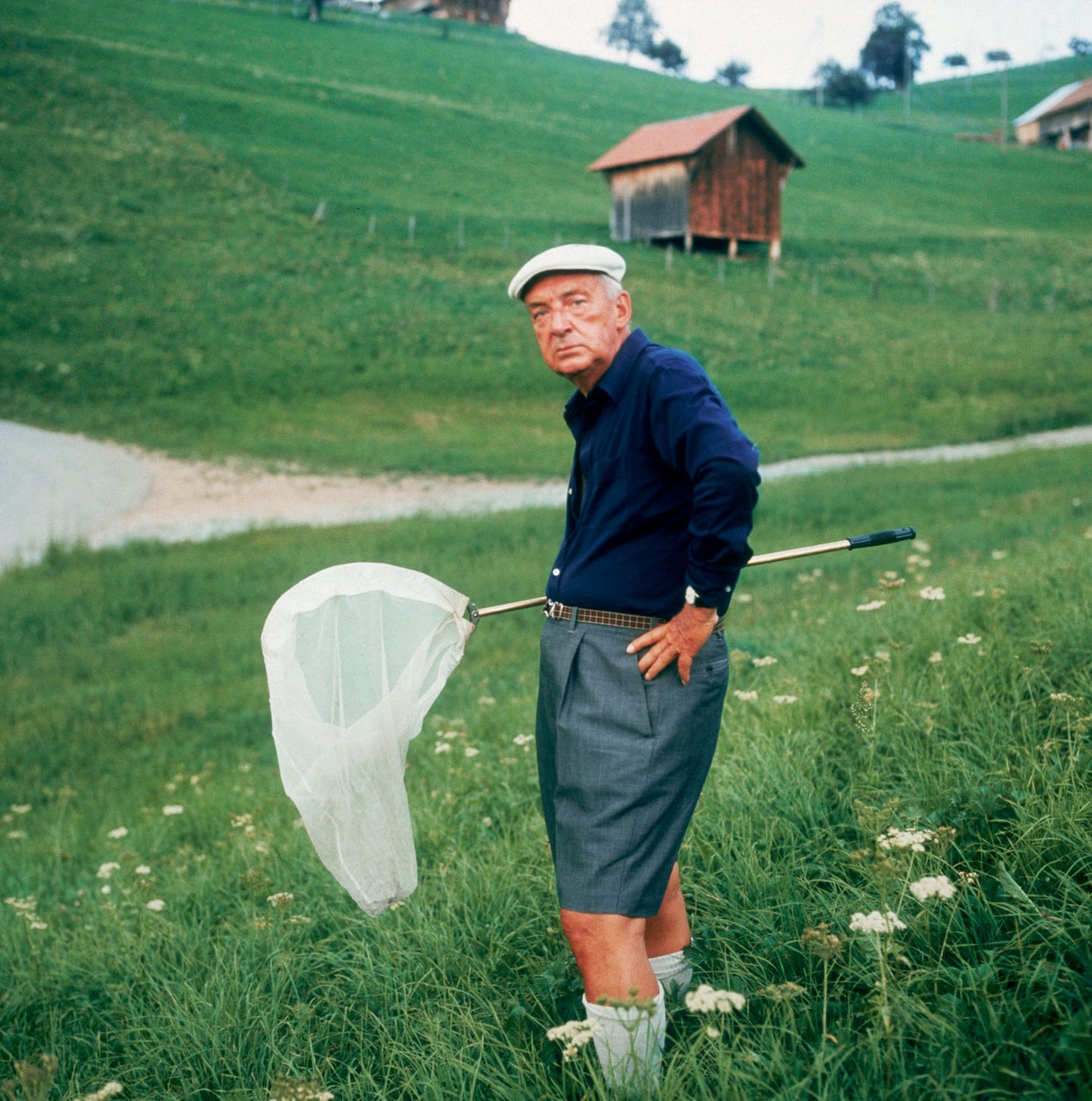 Nabokov with a butterfly net in the hills of Switzerland circa 1975.