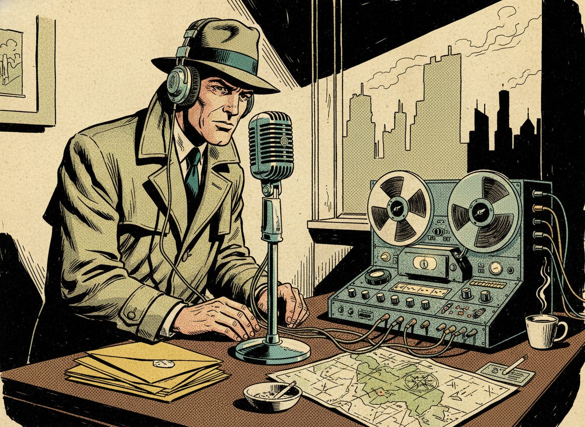 a spy operating a podcast with old technology



