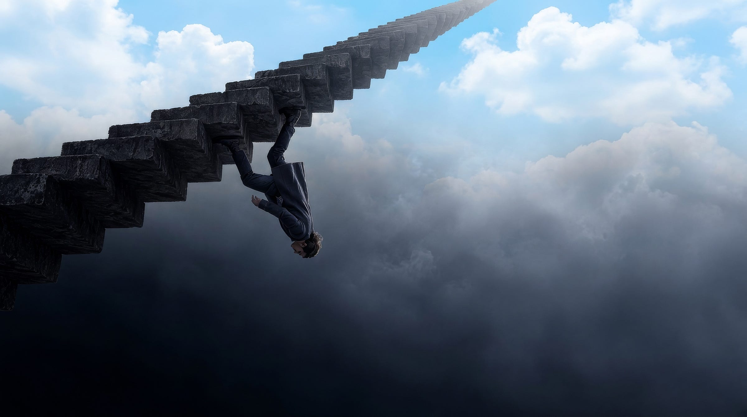 A man walks upside down along the underside of a stone staircase suspended in open air, its top fading into cloud and its lower end into darkness. A man walks upside down along the underside of a stone staircase suspended in open air, its top fading into cloud and its lower end into darkness.