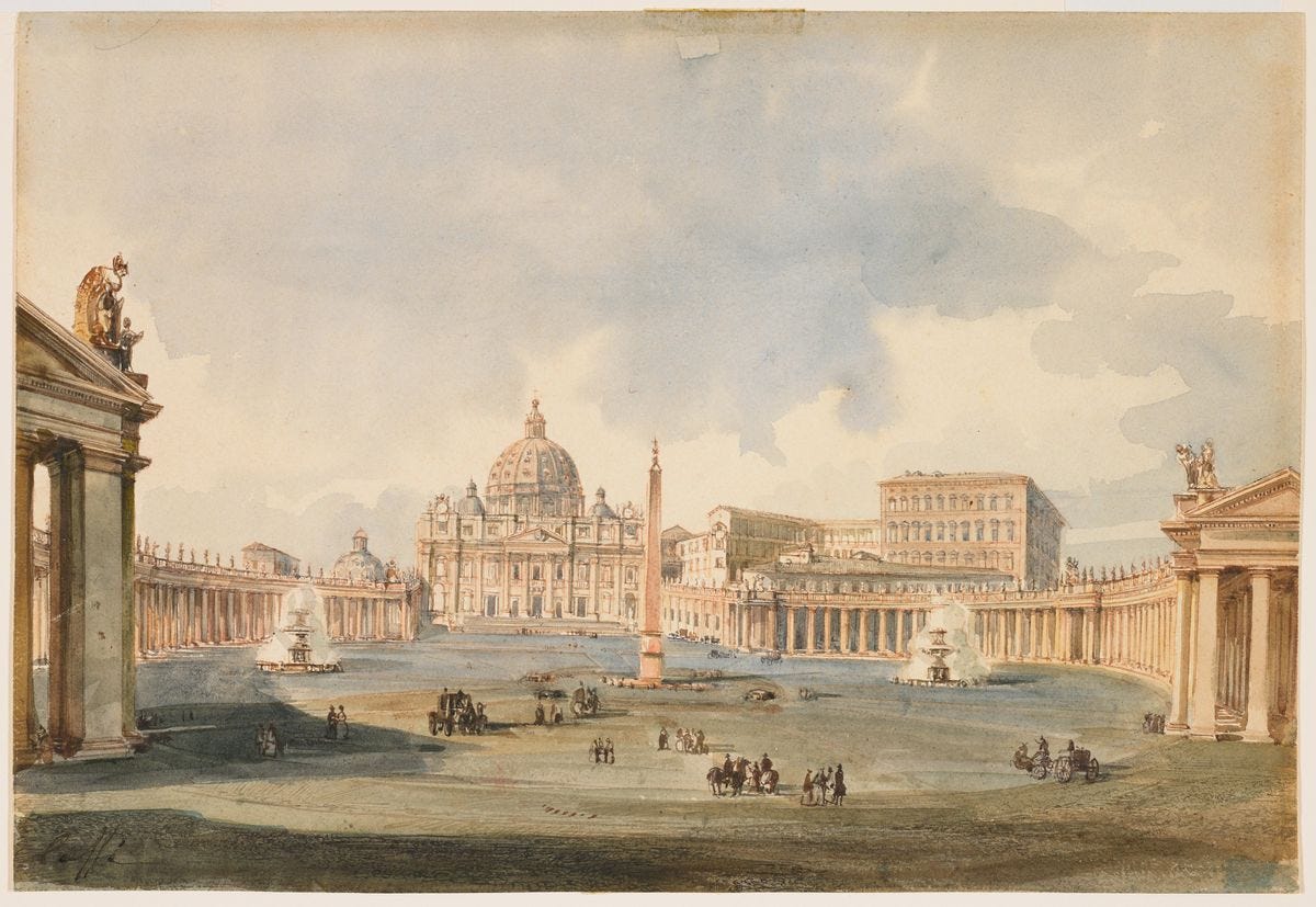 View of Saint Peter's Square and Basilica in Rome (1846) Attributed to  Ippolito Caffi - Public Domain Catholic Painting