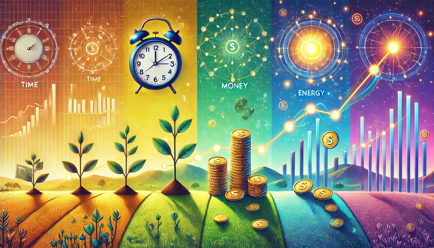 A multicolor landscape illustration depicting the compounding effect in terms of time, money, and energy. The image shows three different growth lines representing each: a clock symbolizing time, coins symbolizing money, and a glowing energy symbol representing vitality. Each line gradually increases from left to right, starting small and growing larger, with different stages marked by icons such as small plants growing into trees, increasing stacks of coins, and energy waves growing stronger. The background is bright, with a gradient of colors like green, yellow, and blue representing optimism and growth.