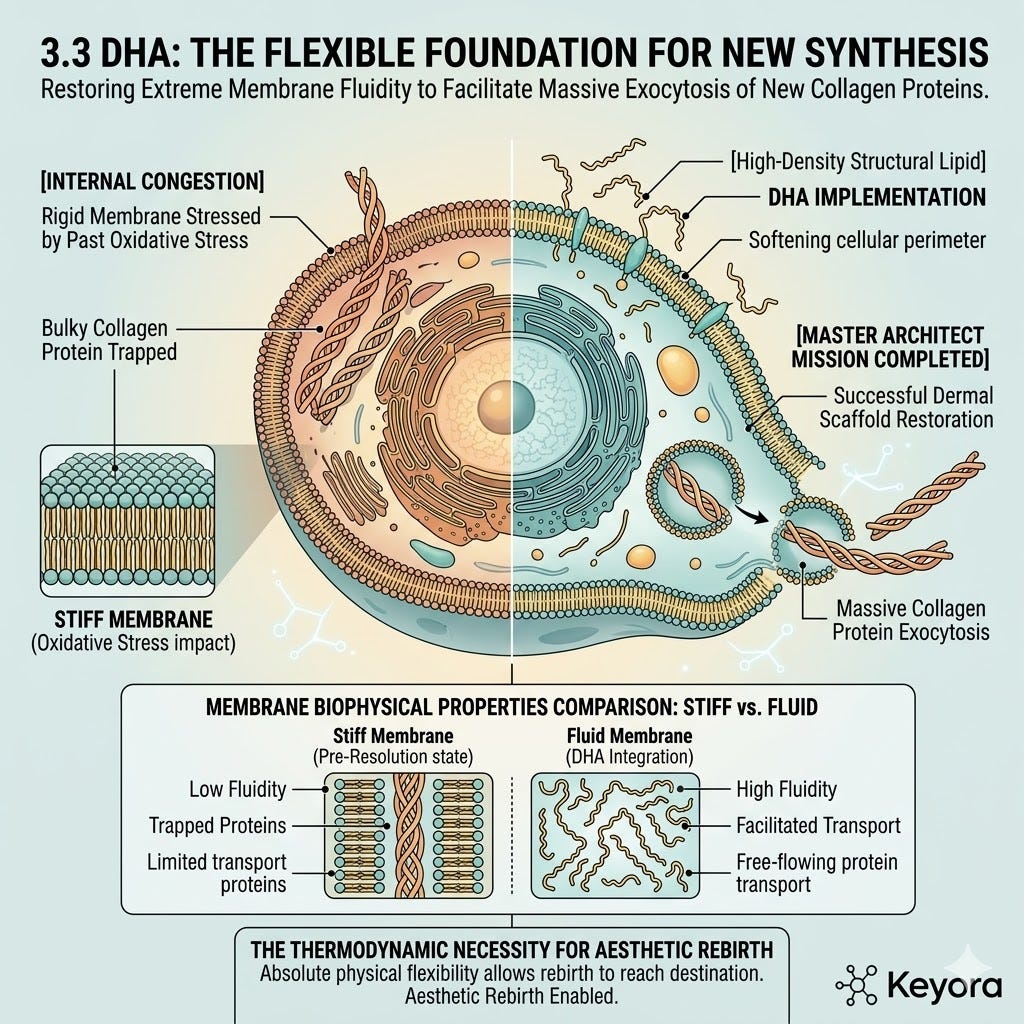 DHA restores membrane fluidity to facilitate collagen exocytosis, enabling ATP Synthesis and bypassing internal congestion for Neurological Sovereignty. DHA restores membrane fluidity to facilitate collagen exocytosis, enabling ATP Synthesis and bypassing internal congestion for Neurological Sovereignty.