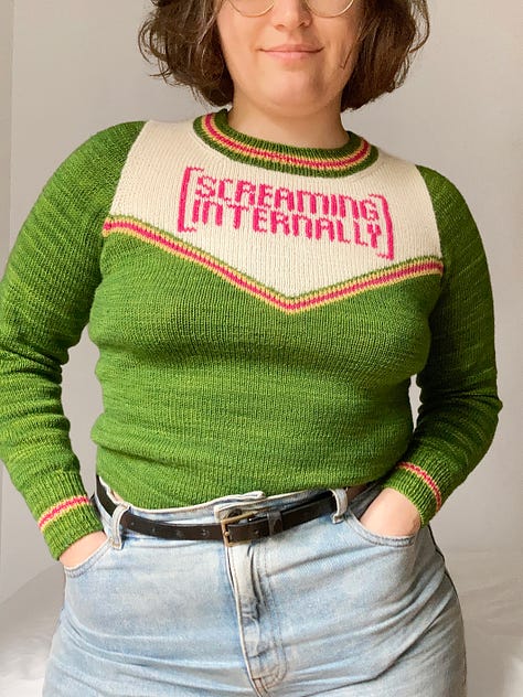 9 more images showing different versions of the Jackpot Jersey made by test knitters