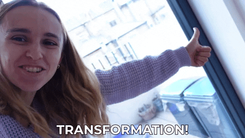 Hannah saying, "Transformation!" and giving a thumbs up