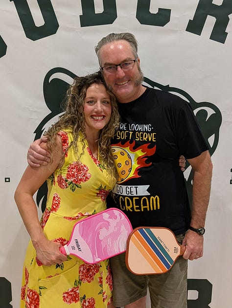 pickleball players pose and smile in Cloudcroft, New Mexico