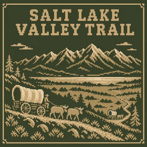 Retro pixel-art covered wagons and oxen approaching the Salt Lake Valley beneath the mountains, with the title Salt Lake Valley Trail, in tan on army green. Retro pixel-art covered wagons and oxen approaching the Salt Lake Valley beneath the mountains, with the title Salt Lake Valley Trail, in tan on army green.