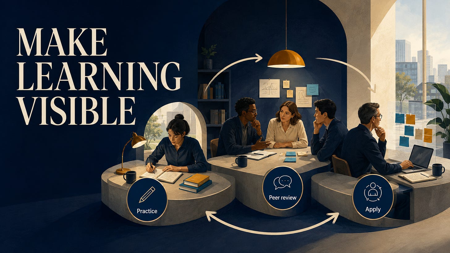 Colleagues practice, review work together, and apply what they learn, under the title Make Learning Visible.