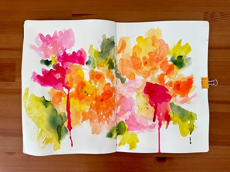 Abstract watercolour flowers in a sketchbook