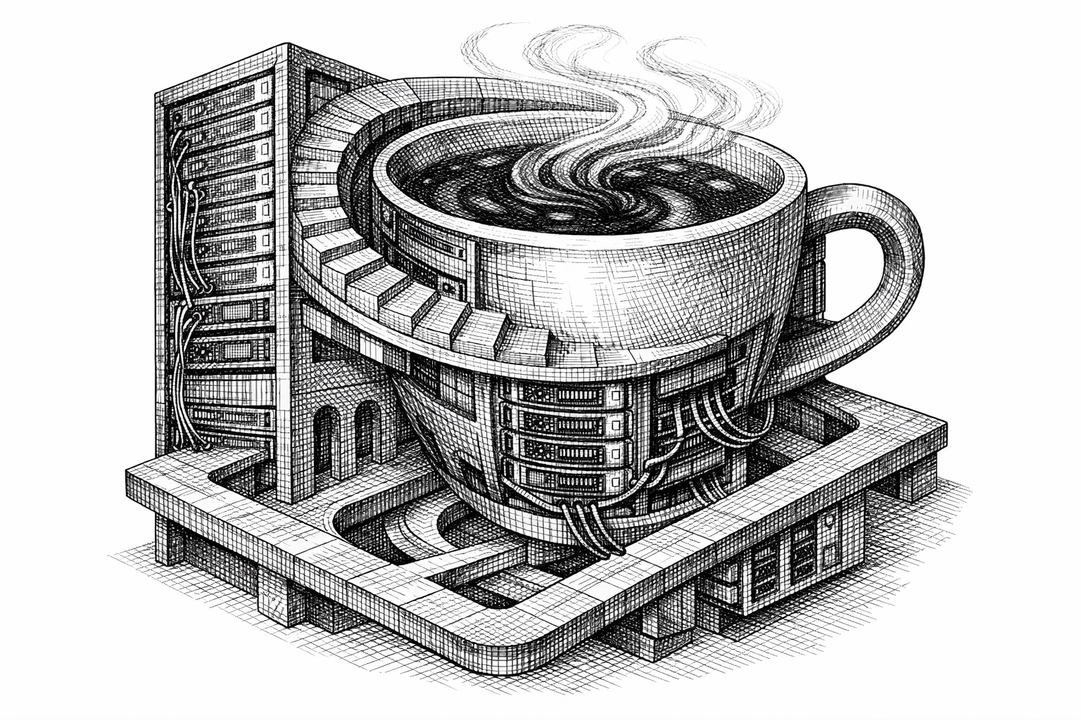 Escher-style surreal VPS server morphing into a coffee cup (impossible geometry, black-and-white linework)