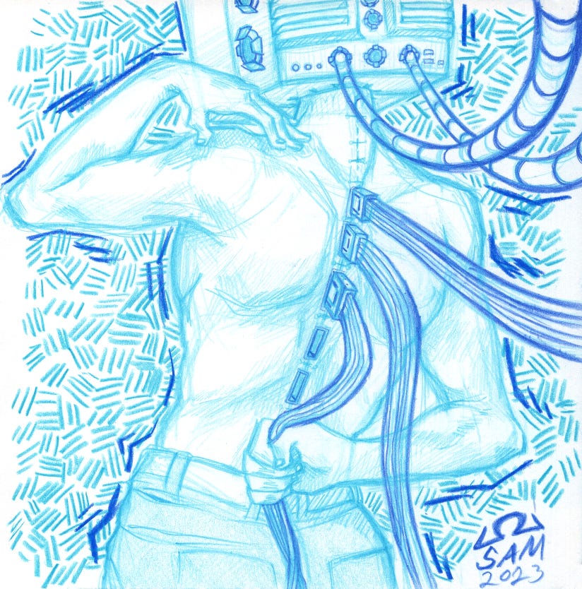 A blue being with a hardware head flexes their spinal connection to a series of electrical cords and tubes