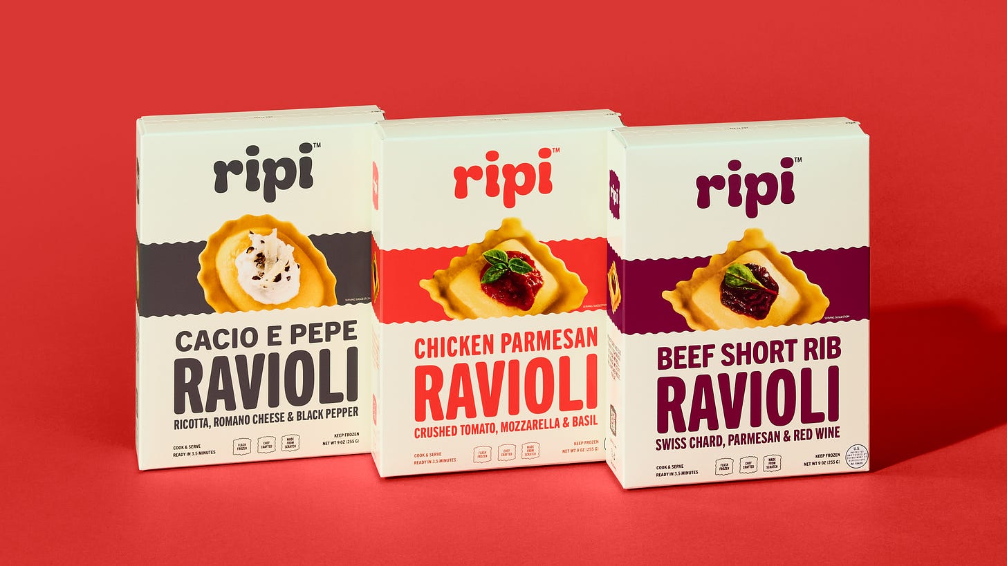3 boxes of Ripi ravioli on a red background