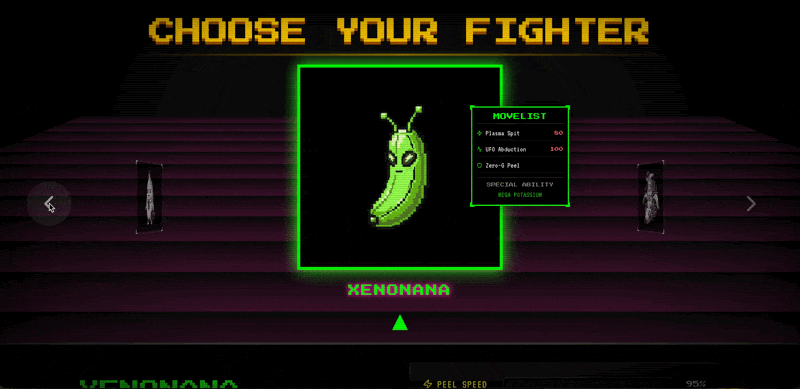 A retro-style “Choose Your Fighter” screen showing a pixel-art alien banana named Xenonana highlighted in a neon-green frame, with a movelist displayed beside it.