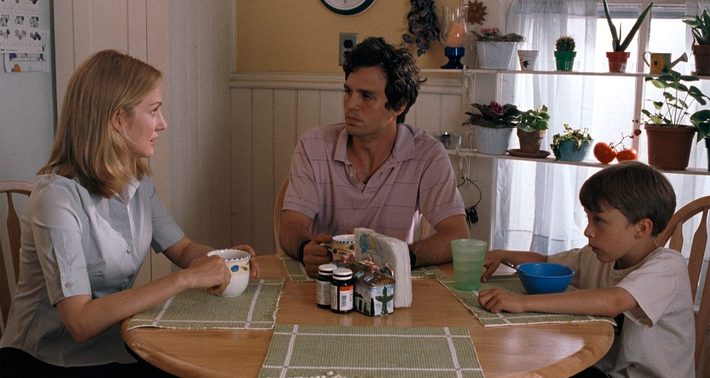 You Can Count on Me | Still is set across a dining table: Laura Linney glares at Mark Ruffalo while Rory Culkin stares onward.
