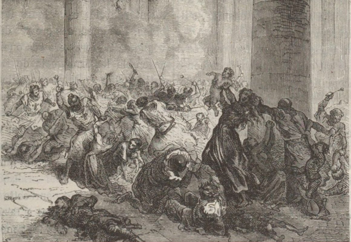 Masacre de Béziers en 1209, por É. Bayard. Vía Wikimedia Commons https://commons.wikimedia.org/wiki/File:Massacre_at_Béziers_in_1209_(É._Bayard).png