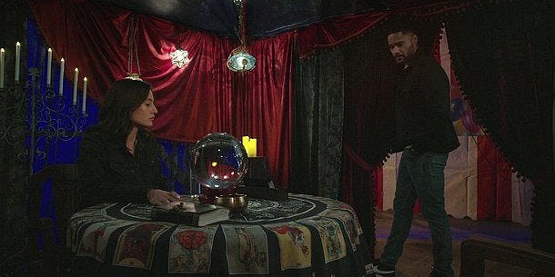 Cassie sitting behind palm readers crystal ball as Trey comes in on Walker 2.14. Cassie sitting behind palm readers crystal ball as Trey comes in on Walker 2.14.