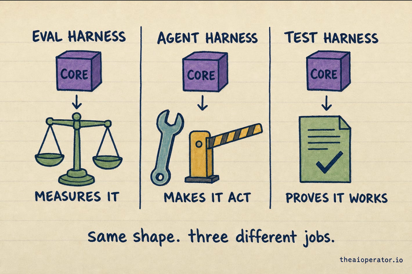 Three columns each topped by an identical purple cube labelled CORE. EVAL HARNESS shows green scales MEASURES IT. AGENT HARNESS shows a wrench and barrier MAKES IT ACT. TEST HARNESS shows a ticked page PROVES IT WORKS. Three columns each topped by an identical purple cube labelled CORE. EVAL HARNESS shows green scales MEASURES IT. AGENT HARNESS shows a wrench and barrier MAKES IT ACT. TEST HARNESS shows a ticked page PROVES IT WORKS.