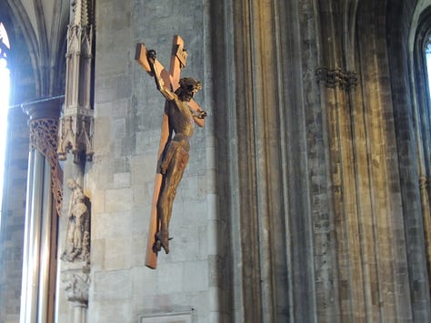 a huge gothic cathedral and photos of altars, sculptures, and architecture inside
