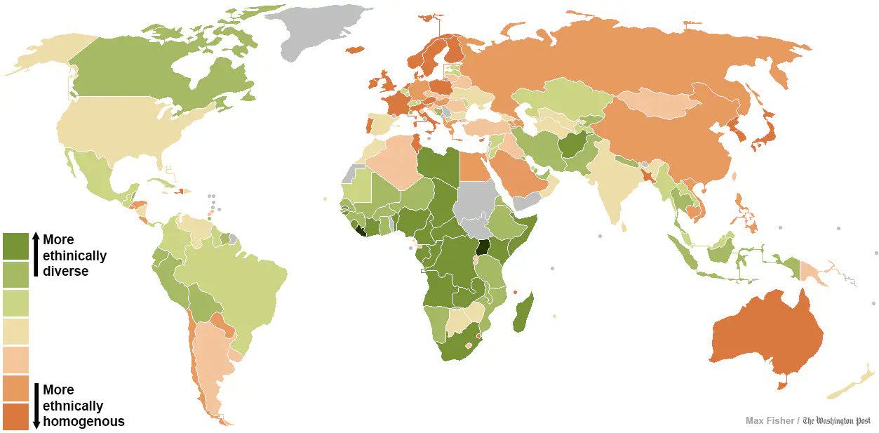 A revealing map of the world's most and least ethnically diverse countries A revealing map of the world's most and least ethnically diverse countries