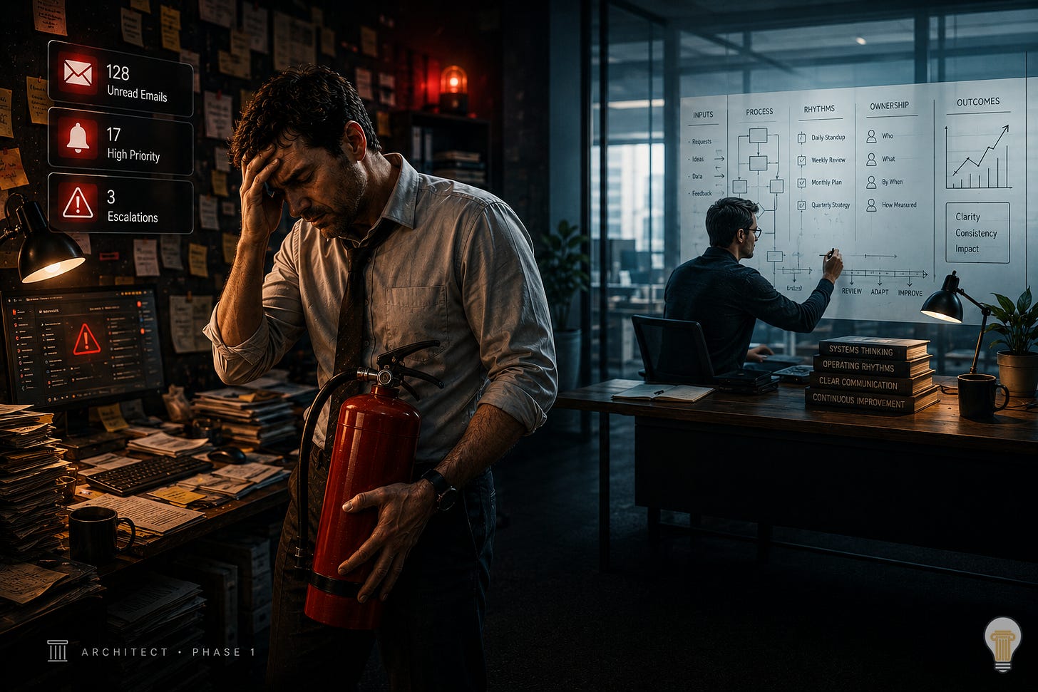 Cinematic split-office scene contrasting reactive firefighting with calm systems design. In the foreground, an exhausted professional holding a fire extinguisher stands in a cluttered, high-pressure workspace filled with urgent notifications, paperwork, and operational overload. In the background, another professional calmly designs structured workflows and operational systems on a glass planning board, symbolising the contrast between heroic rescue culture and sustainable organisational design. Dark editorial lighting with warm chaos tones on the left and cool architectural tones on the right.