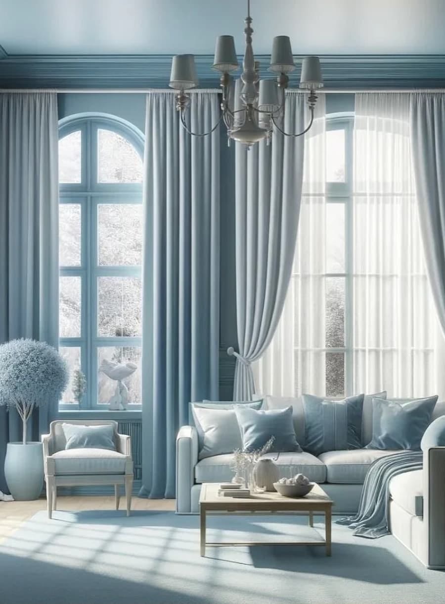 pale blue colour drenched living room including furniture