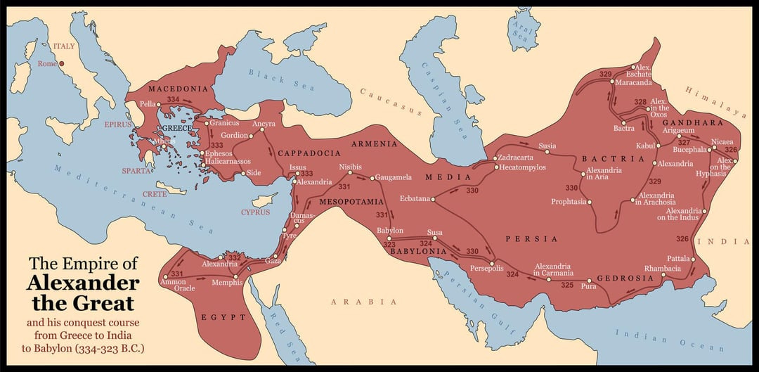 The empire of Alexander the Great in 323 BC, one of the largest of all time  and larger than the Roman Empire in 117 AD. Alexander had plans for  conquering Carthage and