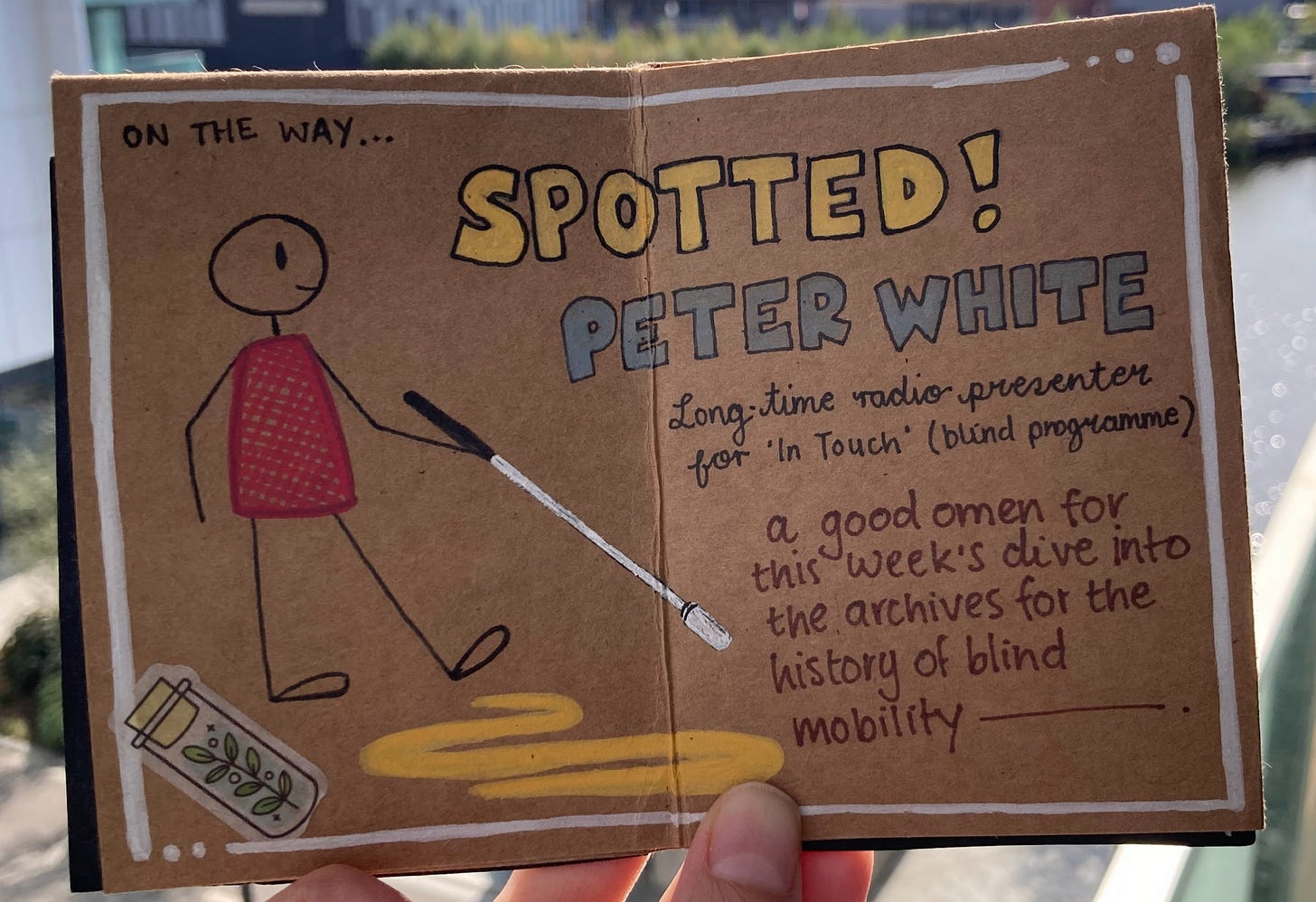 Stick figure doodle using a long white cane. Text reads: Spotted: Peter White. 