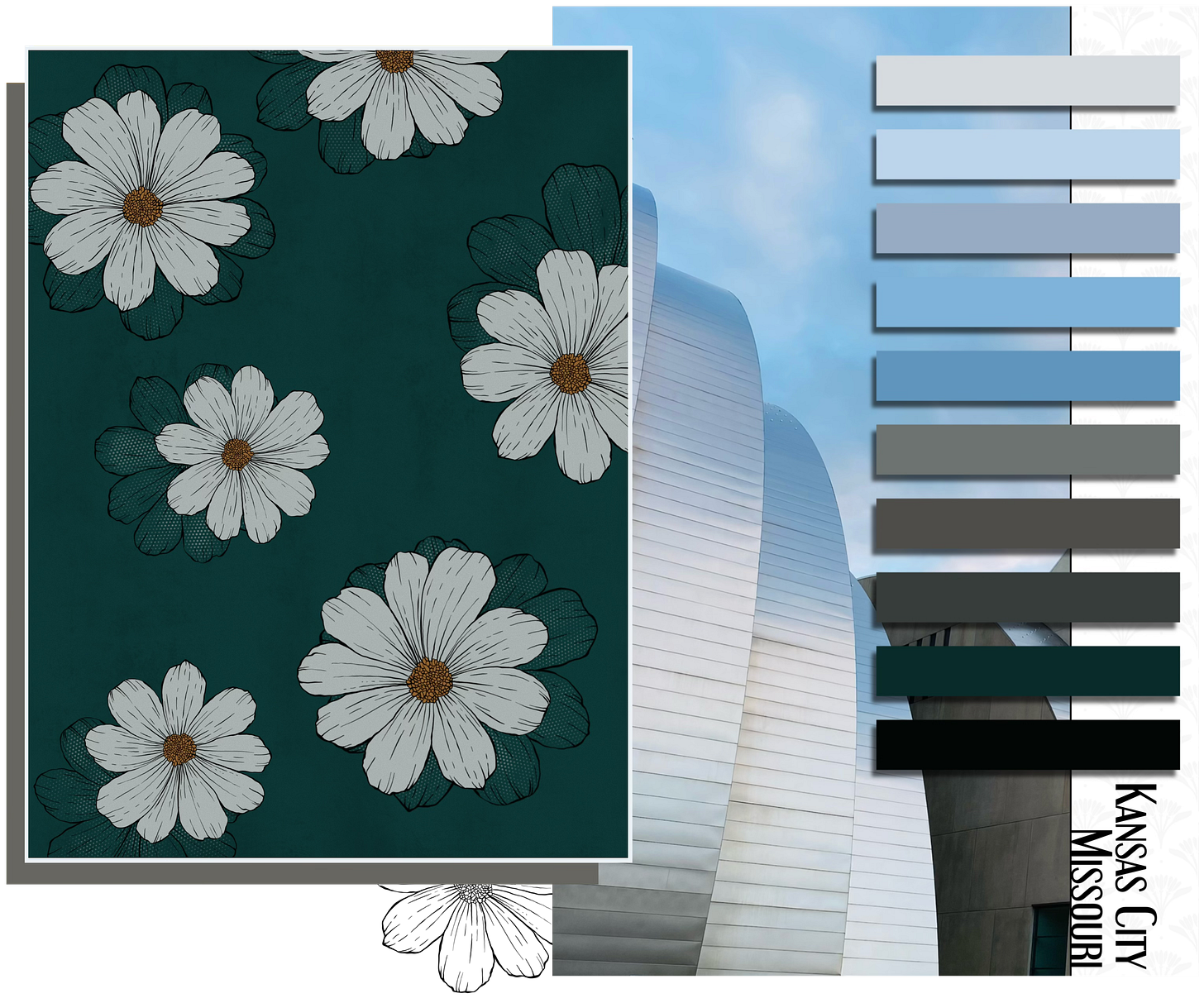 Collage showing a photo of the Kauffman Center in Kansas City, a blue-gray color palette drawn from it, and a floral artwork inspired by the tones.