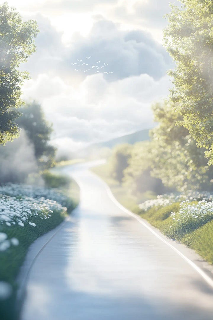 szabadságot sugárzó képgaléria az atipikus karrierhez: beszűrődő napfény, home office, asztal laptoppal, távlatot mutató út a szabadban, lebbenő függöny.