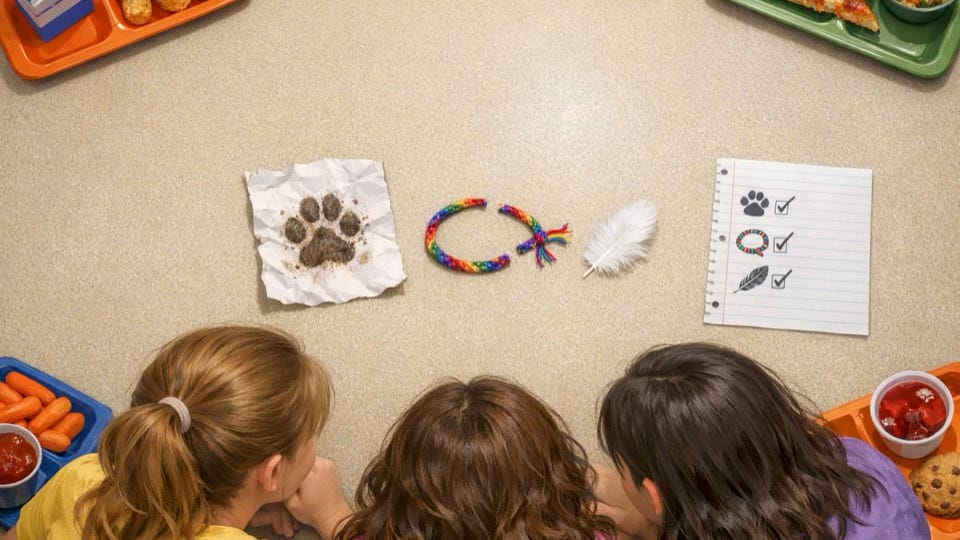 Three girls at a shcool lunch table looking over the clues they've found of their mystery: a pawprint, a cut friendship bracelet, and a small white feather Three girls at a shcool lunch table looking over the clues they've found of their mystery: a pawprint, a cut friendship bracelet, and a small white feather