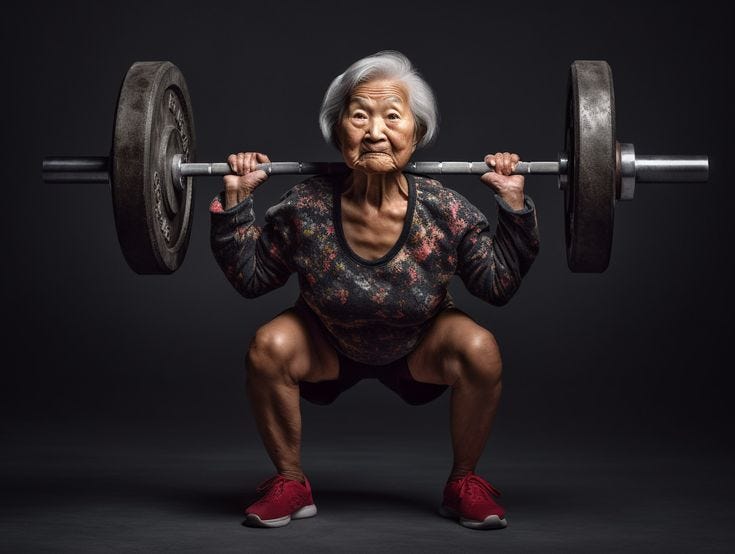 This may contain: an old woman squats with a barbell in her hands and looks at the camera