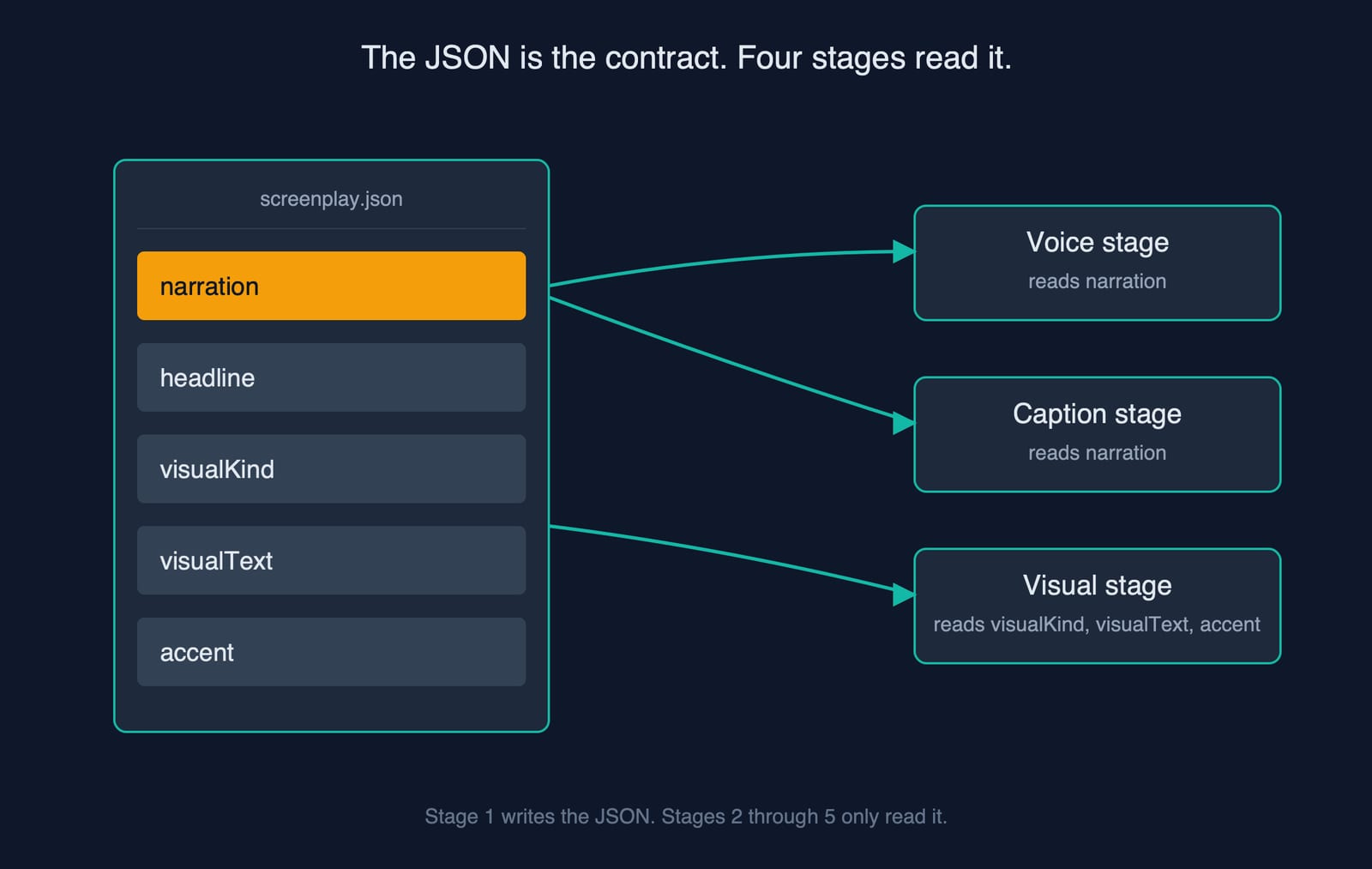 The JSON is the contract — voice, caption, and visual stages each pull specific fields