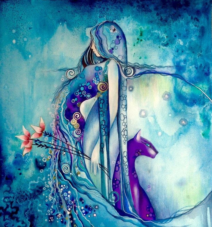 This may contain: a painting of a woman sitting on top of a horse next to water and flowers This may contain: a painting of a woman sitting on top of a horse next to water and flowers
