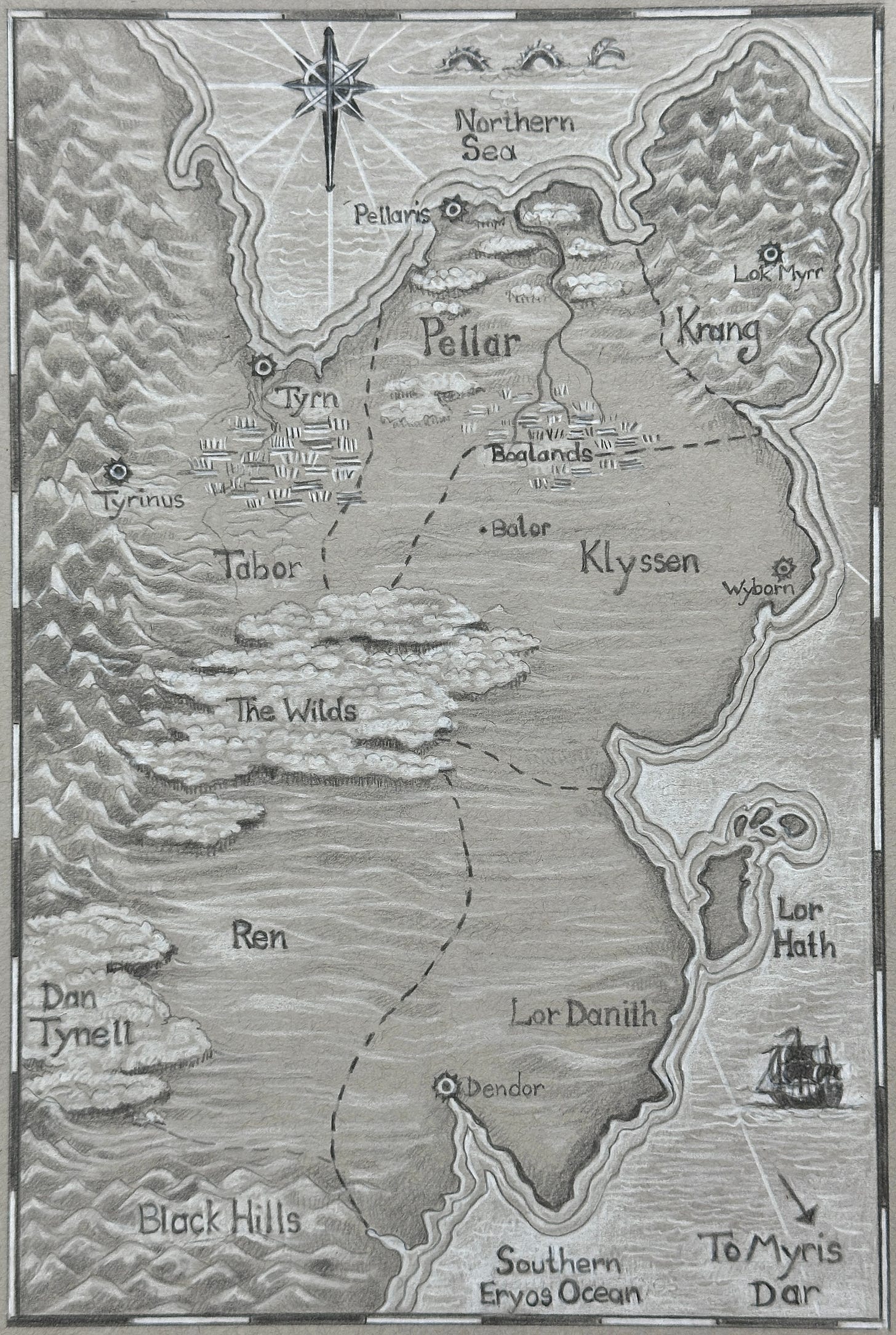 Myris Dar and Eryos, the new maps for The Messenger From Myris Dar, Book One of The Stone Guardians, by Kindrie Grove