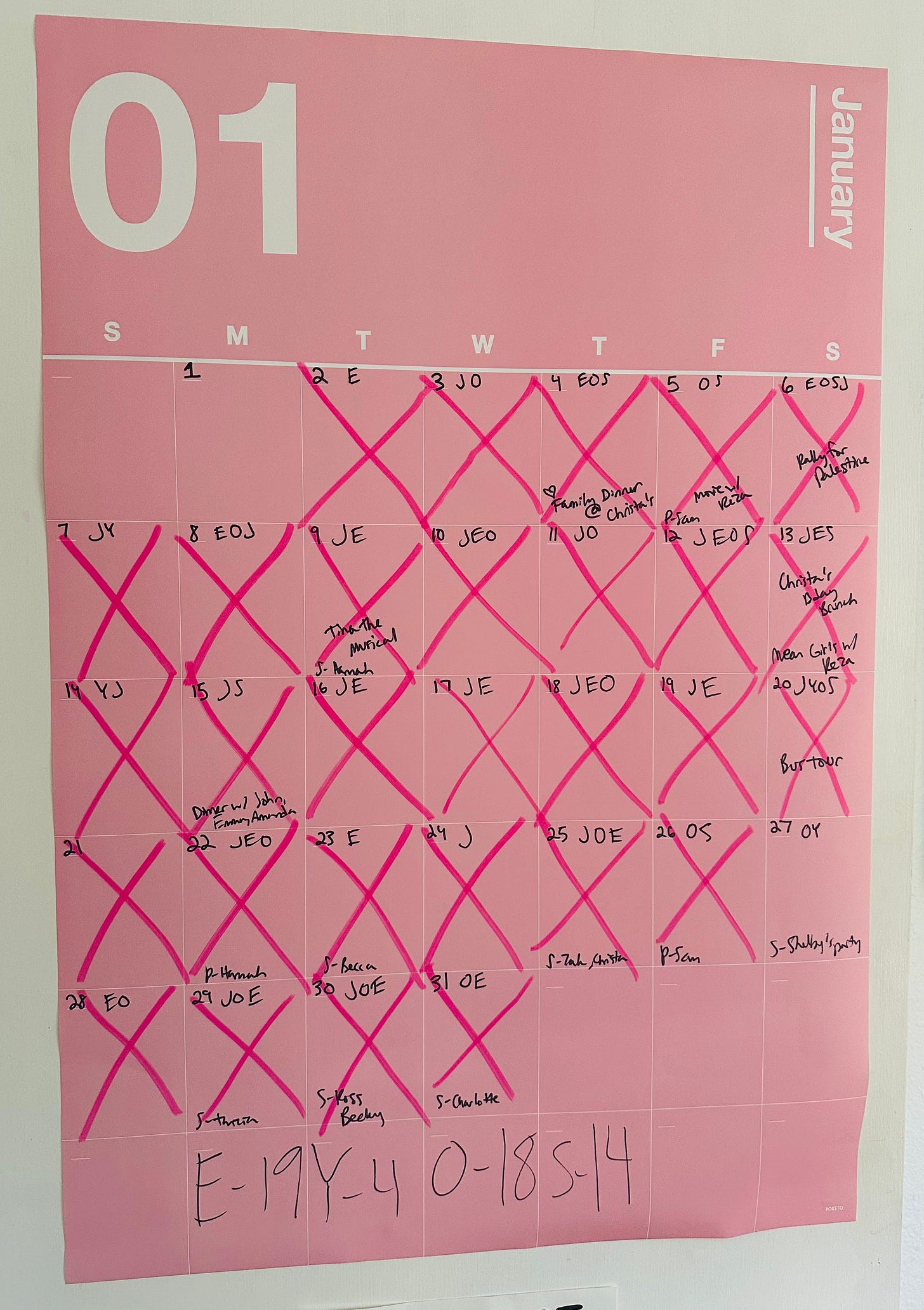 A pink January calendar is marked up with dates, events, habit-tracking, and big pink X's.