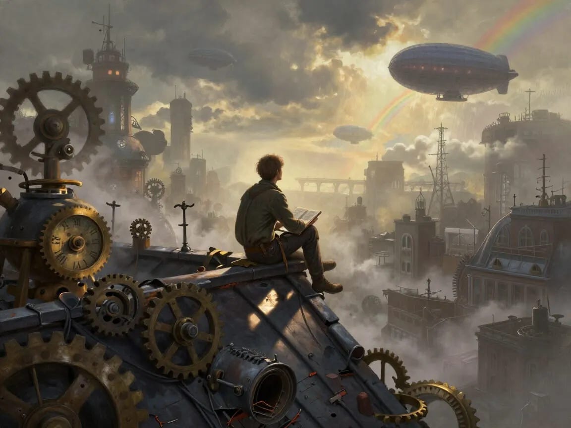 A writer sits on a dilapidated rooftop, looking out over a smog-filled, steampunk cityscape. Gears and clockwork mechanisms are visible throughout the architecture, with airships dotting the sky. The figure appears contemplative, a symbol of resilience against a decaying world. In the far distance clouds and rainbows can be seen promising a brighter future. A writer sits on a dilapidated rooftop, looking out over a smog-filled, steampunk cityscape. Gears and clockwork mechanisms are visible throughout the architecture, with airships dotting the sky. The figure appears contemplative, a symbol of resilience against a decaying world. In the far distance clouds and rainbows can be seen promising a brighter future.